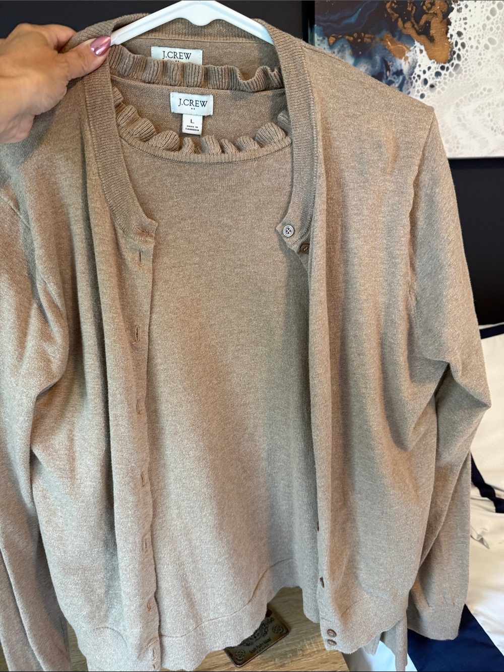 J. Crew Camel Ruffle Crewneck Sweater with Matching Cardigan L and XL set